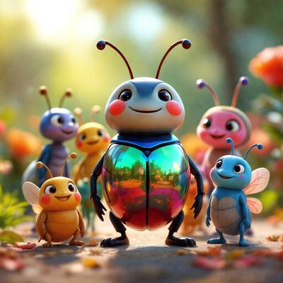 The primary subject of the image is a group of colorful insects, including a large blue butterfly and a smaller yellow bee. They are standing on a leaf-covered ground, surrounded by a vibrant and lively environment. The setting appears to be a garden or a natural outdoor space. The visual style of the image is a combination of photo and digital art, creating a realistic and engaging scene. The colors and mood of the image are predominantly warm and cheerful, with the insects and their surroundings exuding a sense of happiness and playfulness.